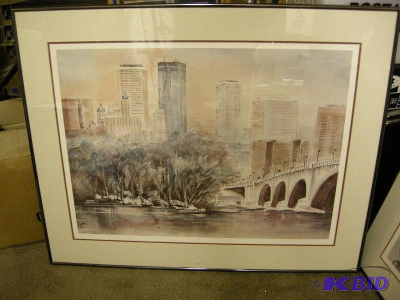 lot 138 image: Lou Roman watercolor print, signed and numbered, looks like Minneapolis