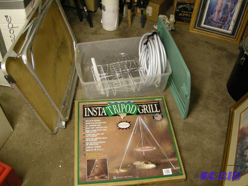 lot 142 image: Aluminum folding camp table, Tripod Instagrill - new in box, more