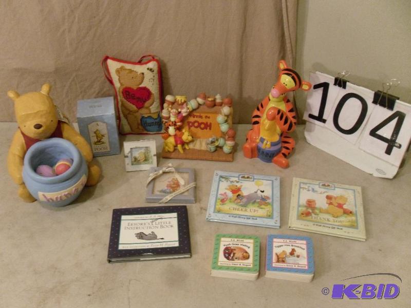 lot 104 image: Lot of Winnie the Pooh Items. Books, Figurine...