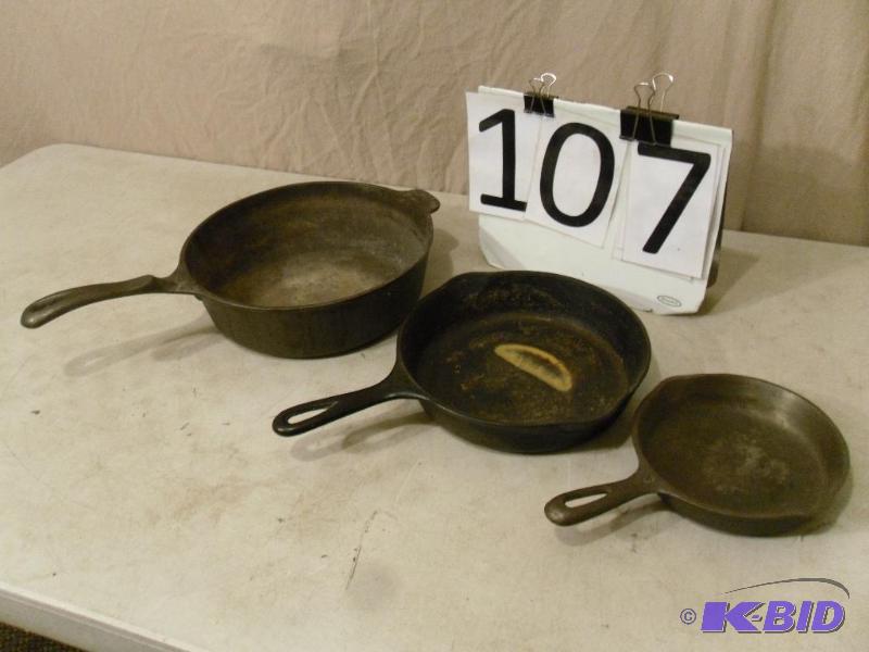 lot 108 image: 3 Wagner Ware Cast Iron Skillets. 3, 6, and 1...