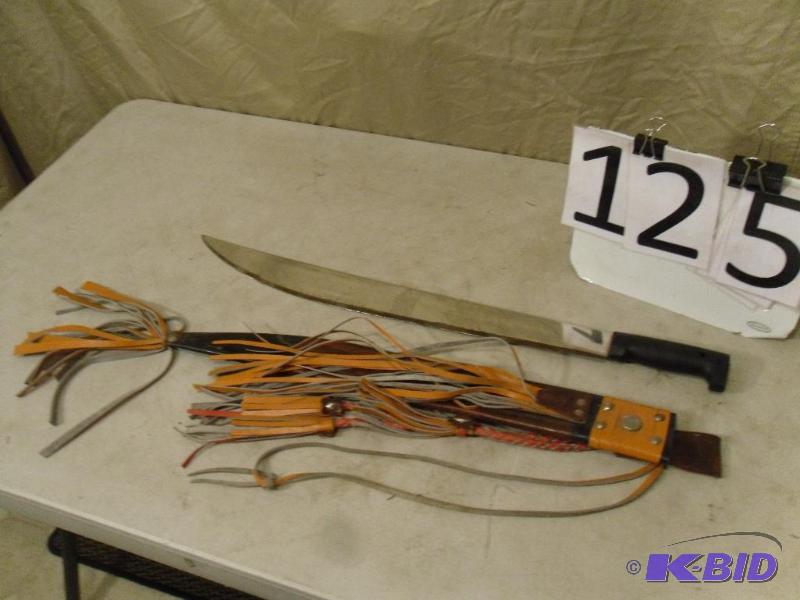 lot 125 image: Large Machete Type Knife with Sheath. Marked ...