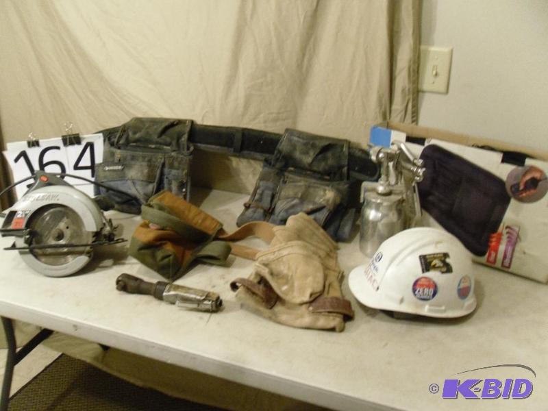 lot 164 image: Husky Tool Belt, Hard Hat, Tool Belt Pouches,...