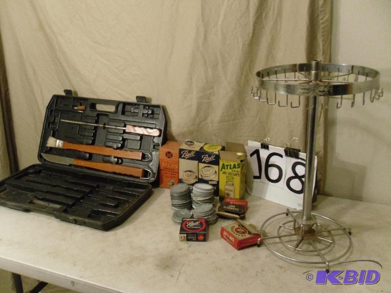 lot 168 image: Spinning Tie Rack, Vintage Canning Boxes (a c...