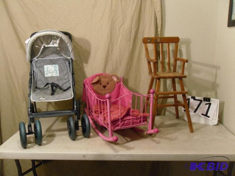 lot 171 image: Kids Wooden Doll High Chair, Doll Graco Strol...