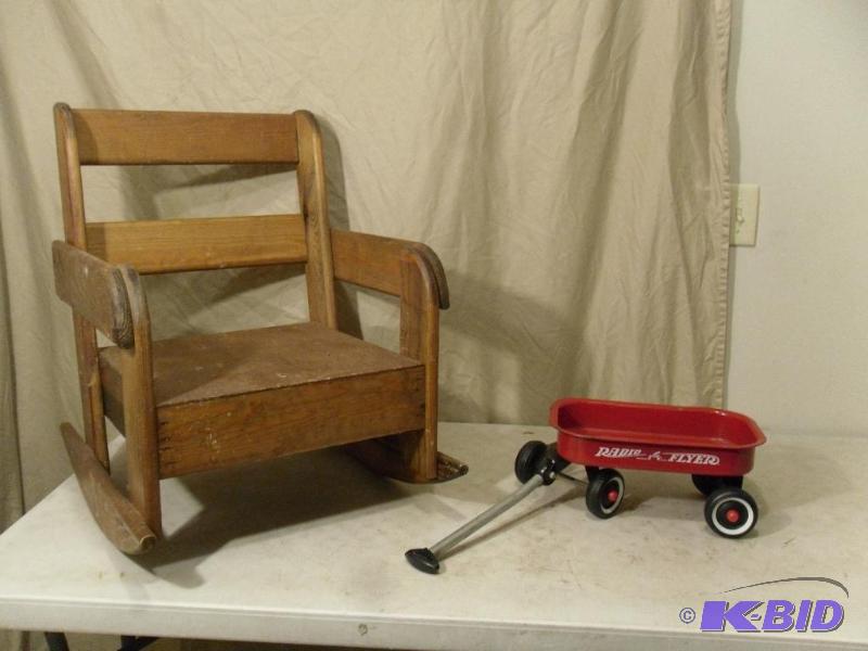 lot 185 image: Kids Wood Rocker and Mini Metal Radio Flyer W...