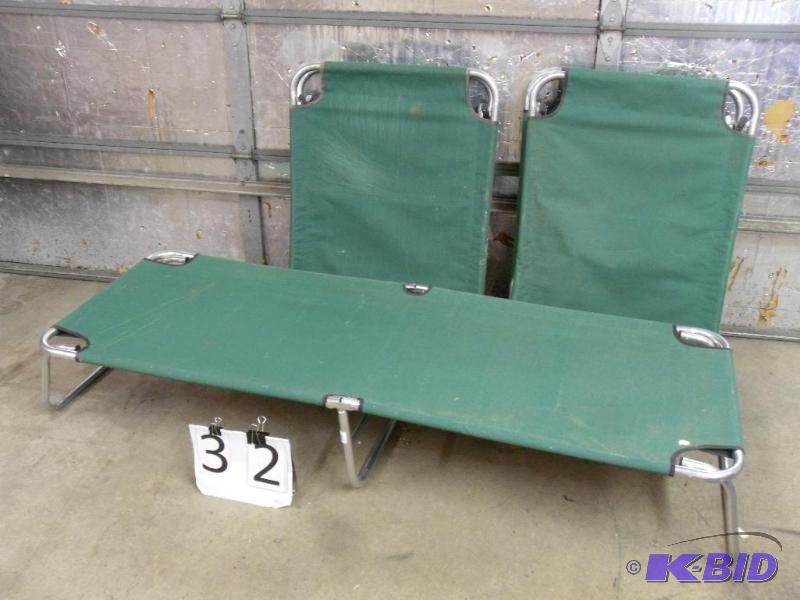 lot 32 image: 3 Aluminum Frame Camping Cots. All need clean...
