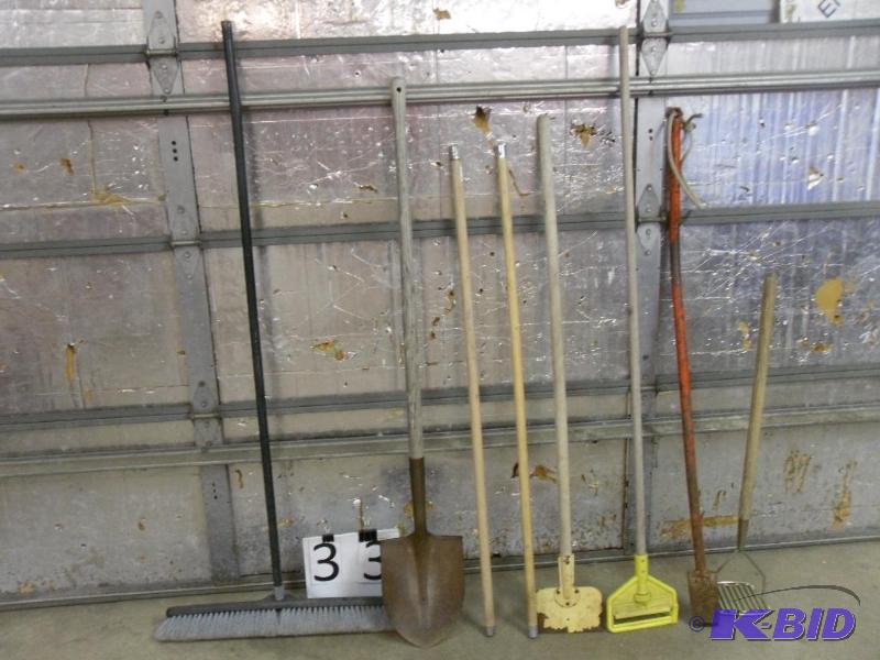 lot 33 image: Lot of Long Handle Tools. Broom, Handles, Sho...