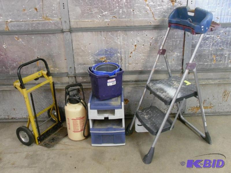 lot 35 image: Step Stool, 2 Wheel Cart, Sprayer, Buckets, a...