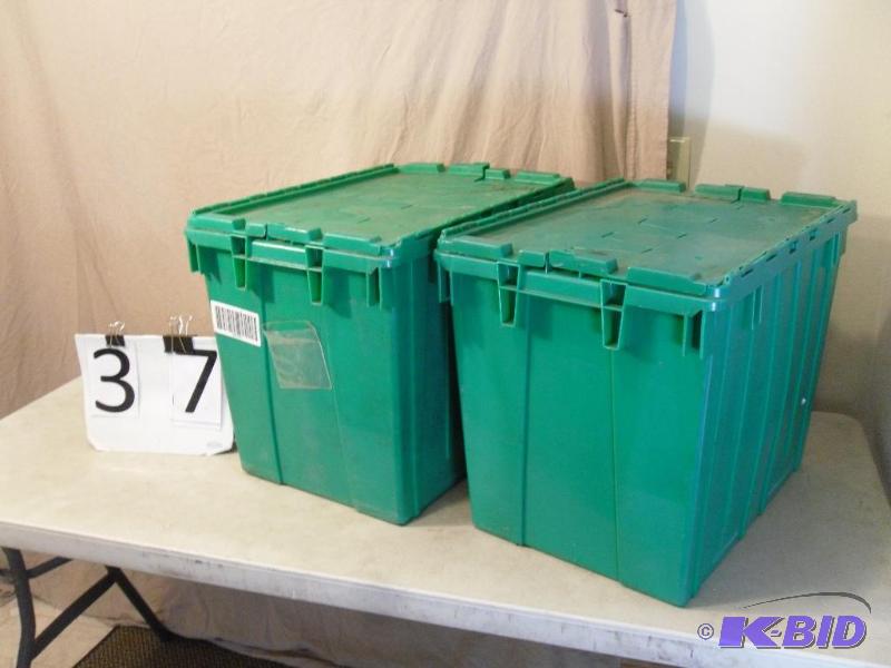 lot 37 image: Lot of 2 Totes with Hinged Lids. Need cleanin...