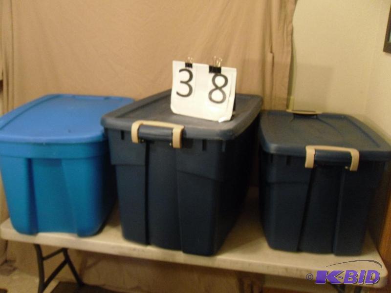 lot 38 image: Lot of 3 Large Assorted Totes with Lids. 35, ...