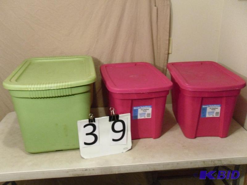 lot 39 image: Lot of 3 Assorted Totes with Lids. All need c...