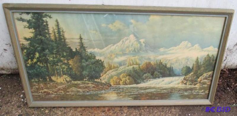framed artwork -mountain scene with water29x1...