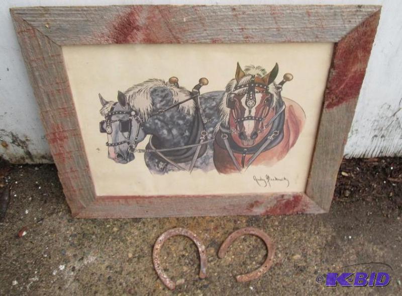 barnwood framed art with 2 horseshoes 2 draft...