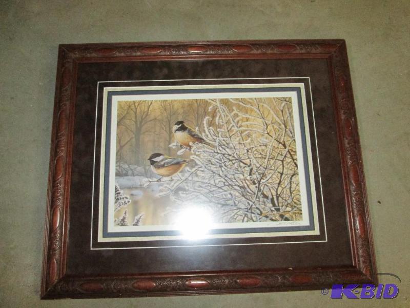 framed print nature- 2 birds on frosted branc...