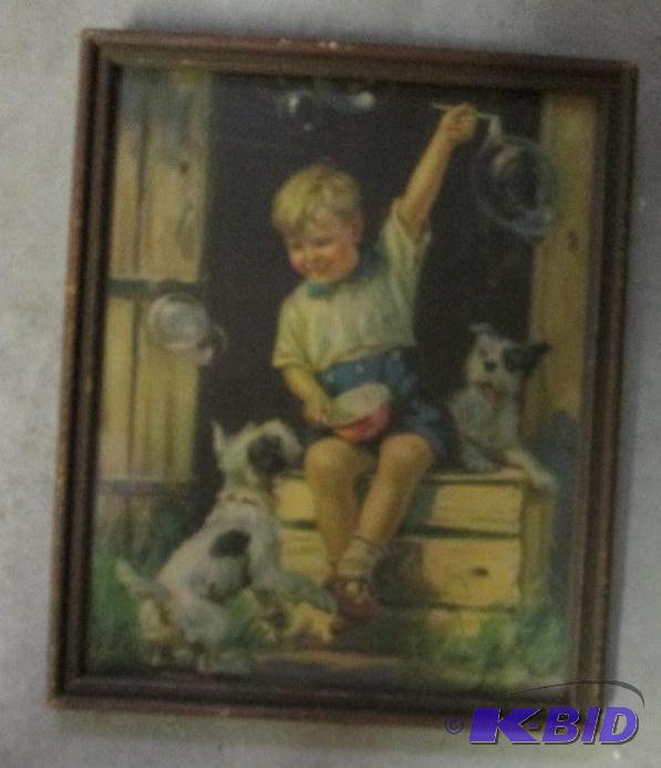 framed print bubble blowing boy with 2 puppie...