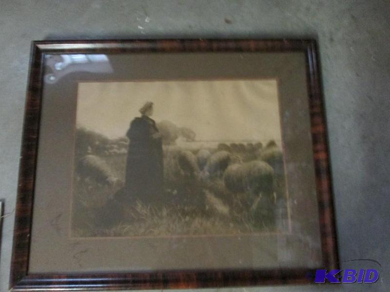 framed art waterfront sheep and shepherd 19&q...
