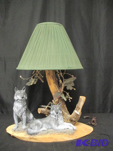 lot 38 image: Wolf and Tree Lamp Wolves Outdoor Cabin Wood