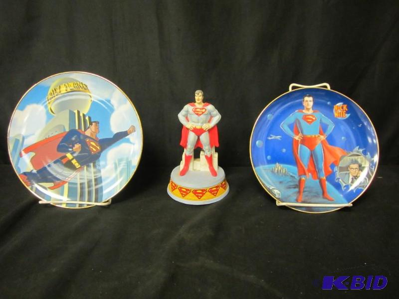 lot 42 image: Lot of 3 Superman Collectors Plates and Figurine Limited Edition Enesco Music Box Nick at Nite MTV