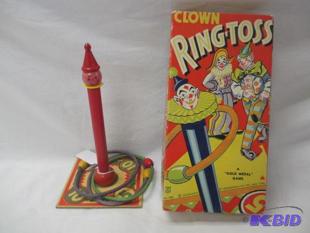 lot 43 image: Vintage with Box 1939 Circus Clown Ring Toss Game Gold Medal
