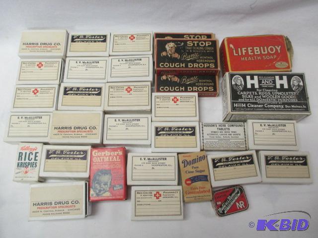 lot 47 image: Historical Lot of Prescription Pill Boxes Cough Drops Rice Krispies Gerbers Oatmeal Life Buoy Health