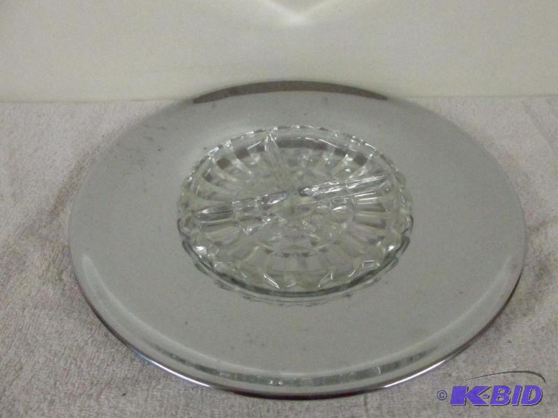 POLISHED CHROME Serving Tray with Divided Glass dish.  By Kromex