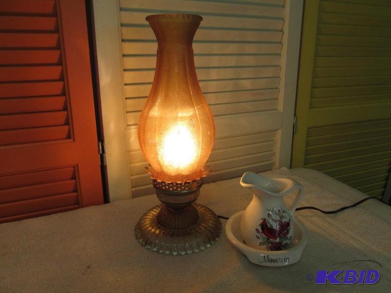 Vintage Looks-Like-An-Oil-Lamp (electrified) and a Treasure Craft bowl and pitcher