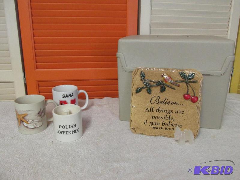 3 Cups - A Nice Ceramic Plaque - A Quartz Donkey - And a File Box