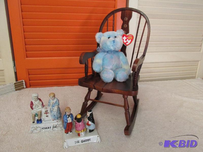 Miniature Windsor Rocking Chair, Small Blue Bear, and 2 Vintage statues