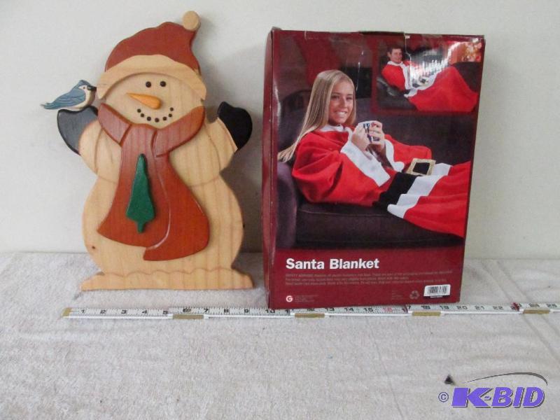 Cute Wooden Snowman and a Santa Blanket.