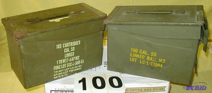 lot 100 image: Two Metal Ammo Boxes These are 50 cal. boxes....