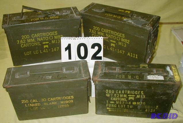 lot 102 image: Four Metal Ammo Boxes These are 30 cal. boxes...