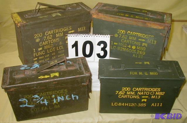 lot 103 image: Four Metal Ammo Boxes These are 7.62mm M60-73...