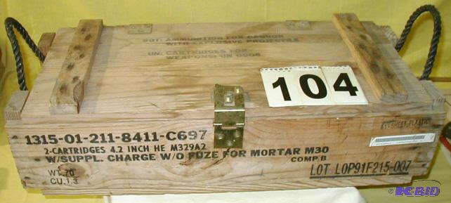 lot 104 image: Wood Ammo Box Looks like its for large mortar...