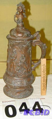 lot 44 image: Vintage Ornate Pewter Beer Stein The lid is b...