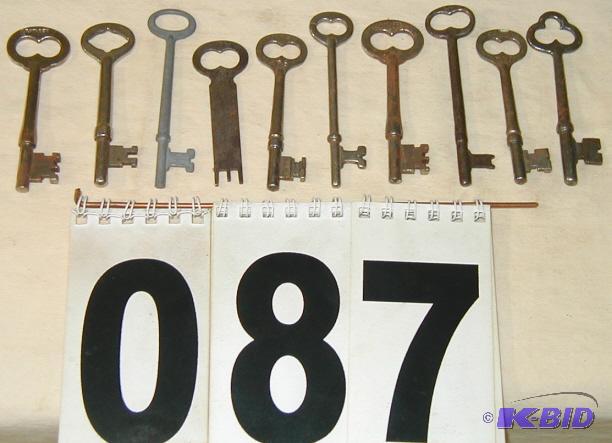 lot 87 image: Ten Vintage Skeleton Keys Some have stamped n...