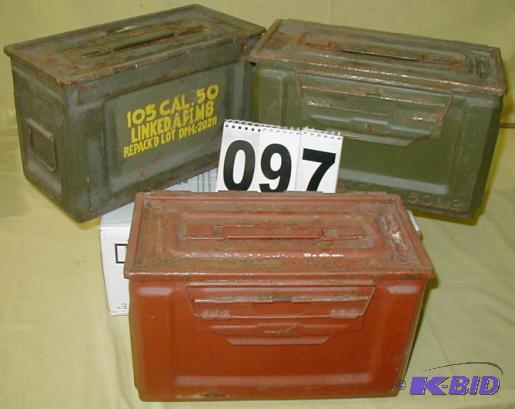 lot 97 image: Three Older Metal Ammo Boxes These are 50 cal...