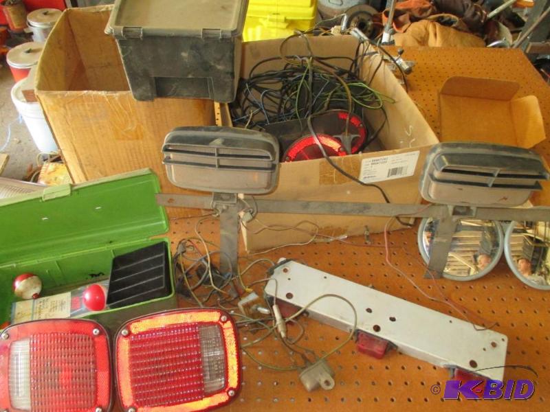 lot 162 image: New truck mirrors, trailer lights, tow lights, fog lights, tool box with tackle