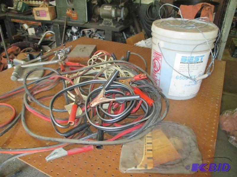 lot 163 image: Jumper cables, bucket of twine, wheel chair feet folders