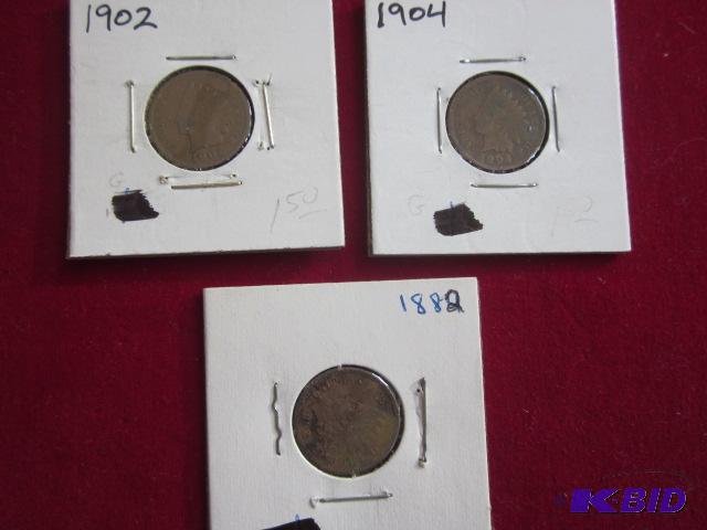Lot of (3) Indian Head Pennies, 1882, 1902, &...