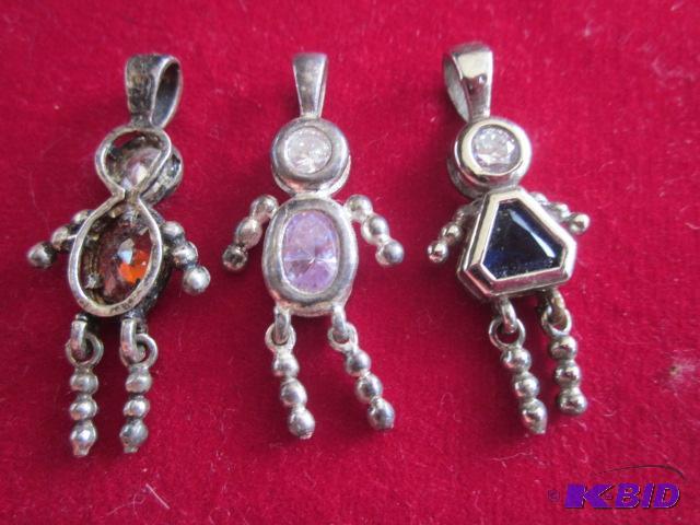 (3) Sterling Silver and stoned charms pendan...