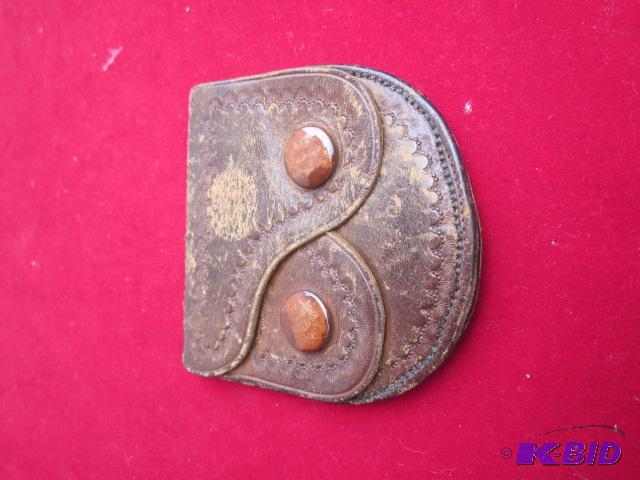 Antique tooled leather coin pouch marke on in...
