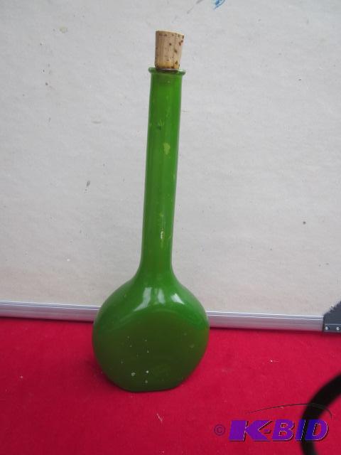 14 inch green glass bottle with cork stopper,...