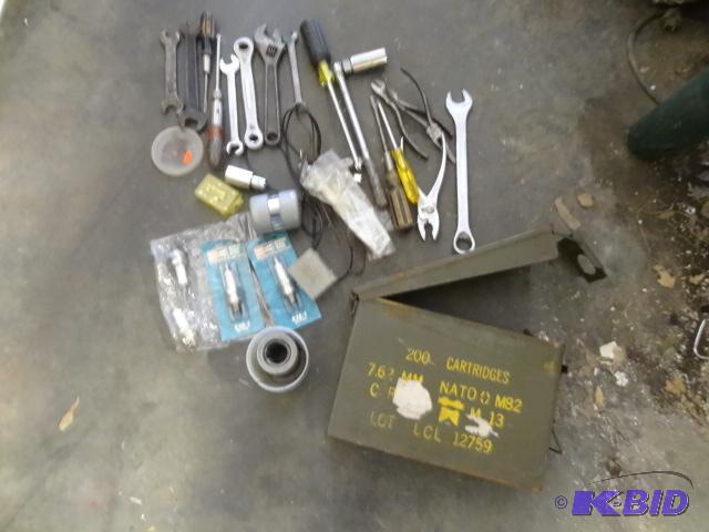 lot 54 image: Vintage Ammo box with misc tools...