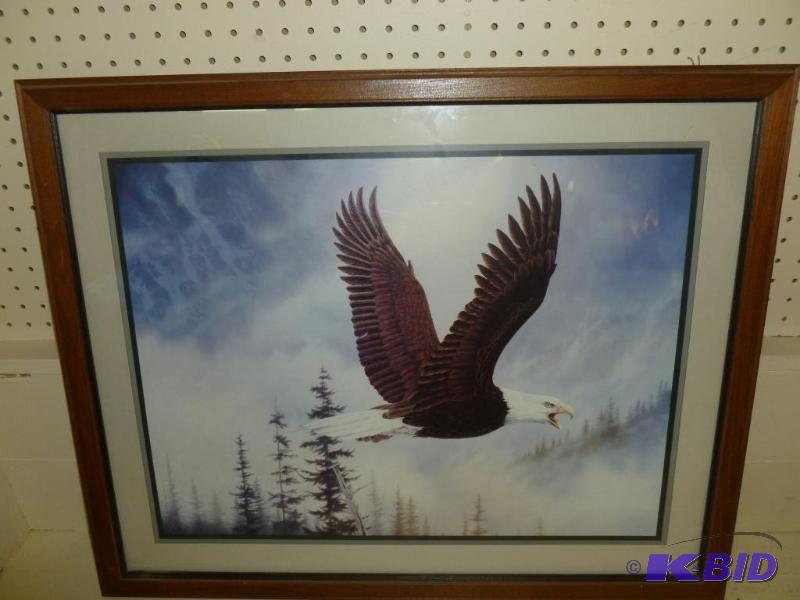 lot 124 image: Large solid wood framed and matted eagle prin...