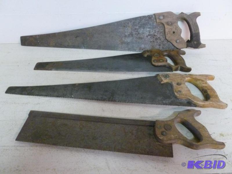 lot 201 image: Lot of four vintage wood handled hand saws th...