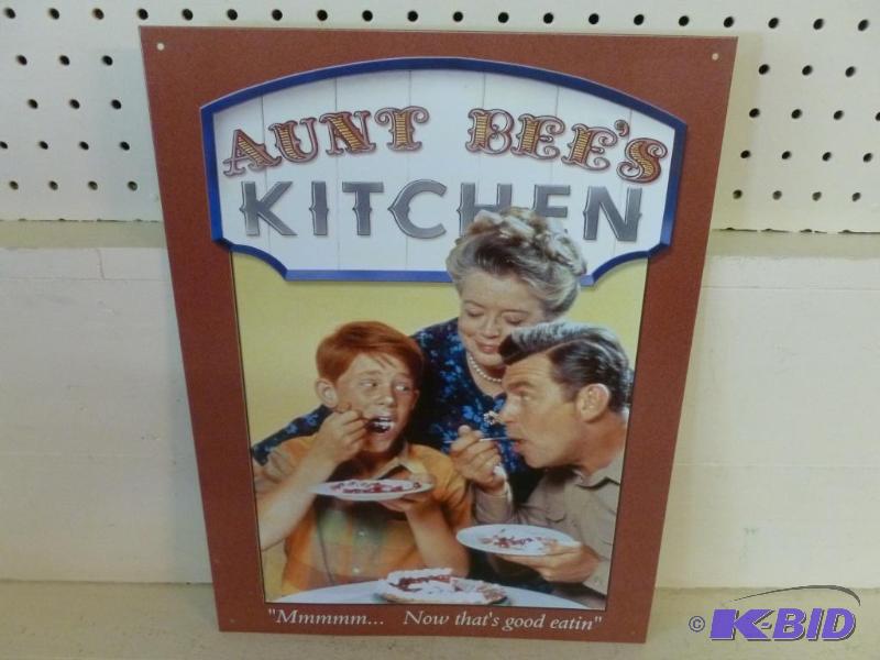 lot 51 image: Aunt Bees Kitchen metal sign that measures 1...