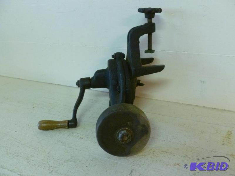 lot 73 image: Antique hand crank bench grinding wheel, benc...