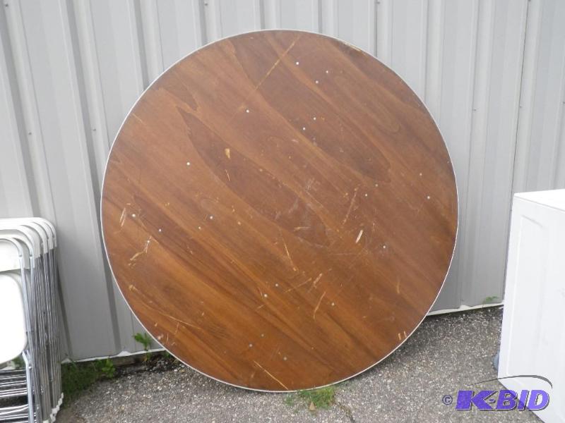 6 round wooden table with metal edge band...