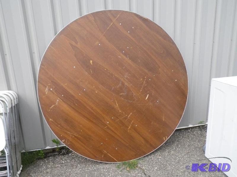 6 round wooden table with metal edge band...