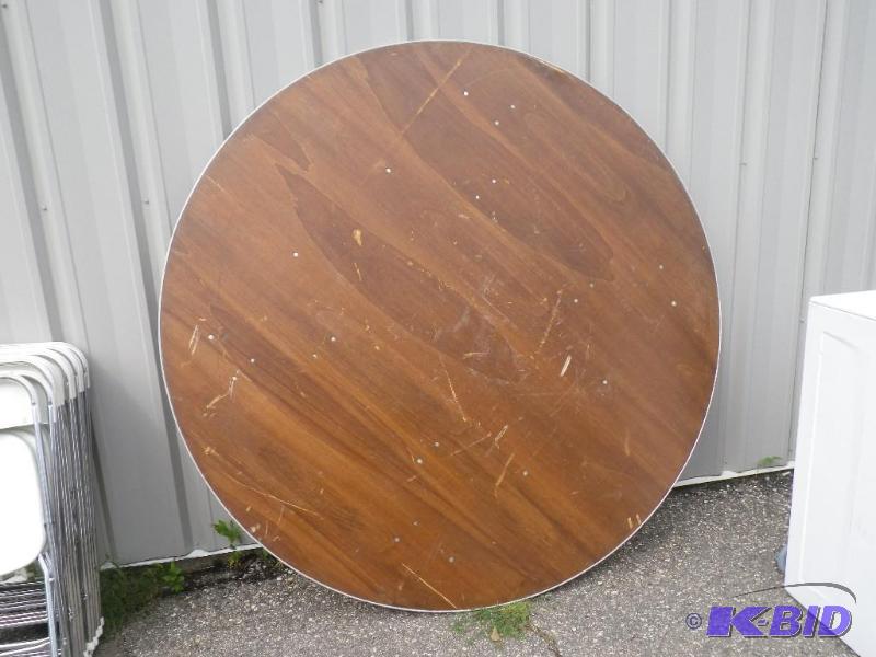 6 round wooden table with metal edge band...